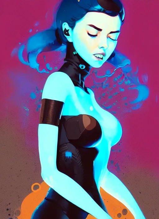 Image similar to highly detailed portrait of an electric woman, by atey ghailan, by greg rutkowski, by greg tocchini, by james gilleard, by joe fenton, by kaethe butcher, gradient blue, black, brown and cyan color scheme, grunge aesthetic!!! ( ( graffiti tag wall background ) )