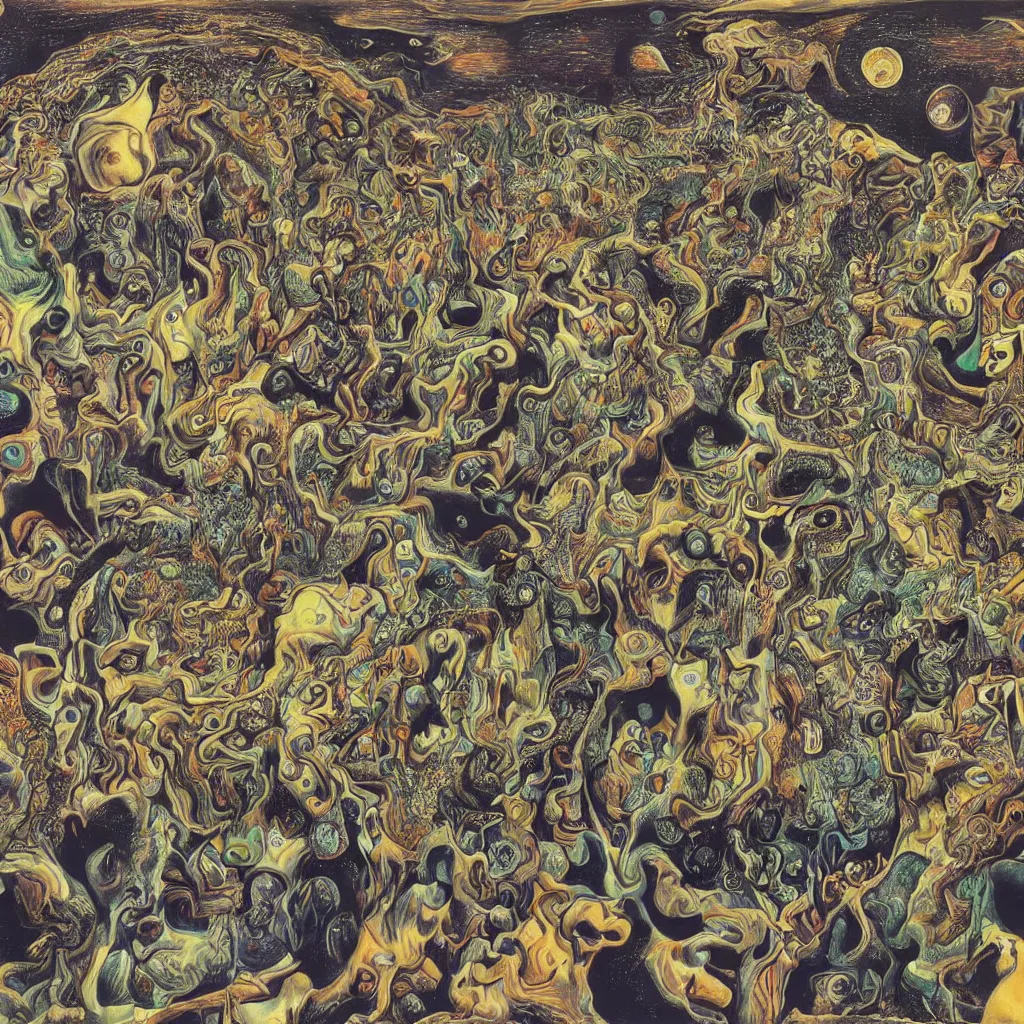 Prompt: intergalactic psychonaut unholy gathering, 4K, by collaboration of M. C. Escher and Salvador Dali and Van Gogh