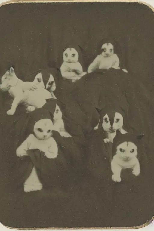 Image similar to daguerreotype of nuns riding cats