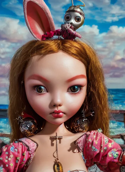 Prompt: closeup portrait of tin toy girl bunny bikini, depth of field, zeiss lens, detailed, symmetrical, centered, fashion photoshoot, by nicoletta ceccoli, mark ryden, lostfish, breathtaking, 8 k resolution, extremely detailed, beautiful, establishing shot, artistic, hyperrealistic, octane render
