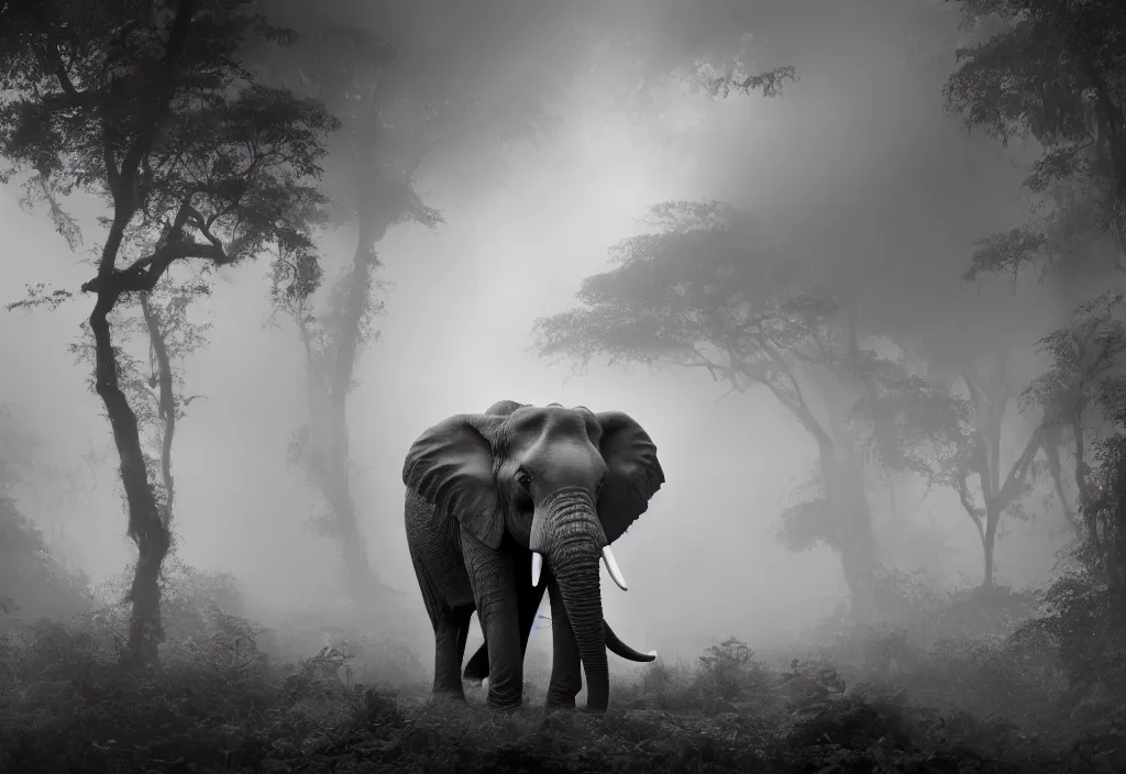 Prompt: an elephant king, his trunk is a big tentacle, in a jungle with ominous light from above, ambient light, fog, river, symmetrical, poetic