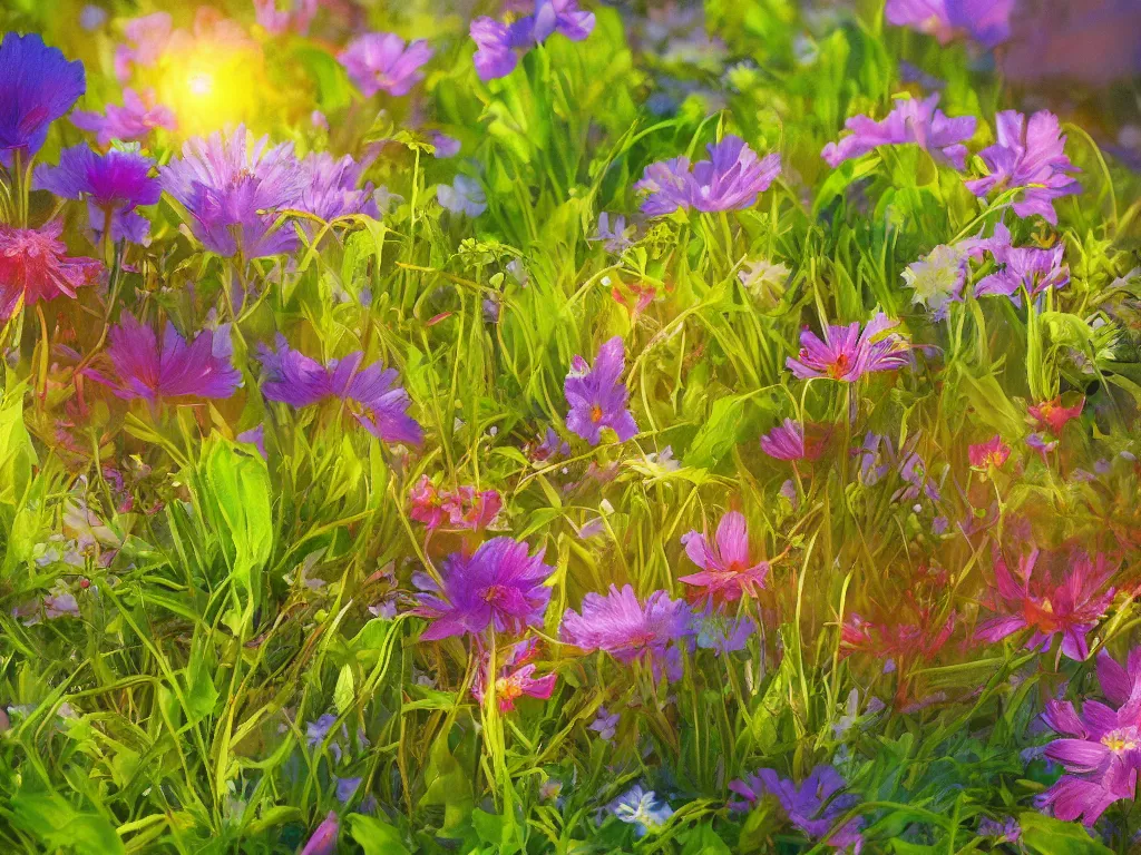 Prompt: sunlight study, wildflower undergrowth, art nouveau, by rachel ruysch and albert bietstadt and ( ( ( ( ( lisa frank ) ) ) ) ), 8 k, sharp focus, octane render, kauai