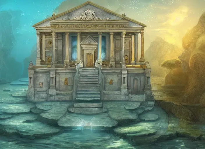 Prompt: underwater temple, water, ocean, sea, fish, palladian, illustration, concept art, digital art, colorful, light blue