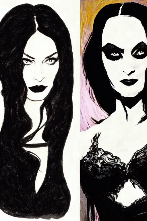 Image similar to portrait of megan fox morticia addams as death of the endless, the sandman by walter sickert, john singer sargent, and william open