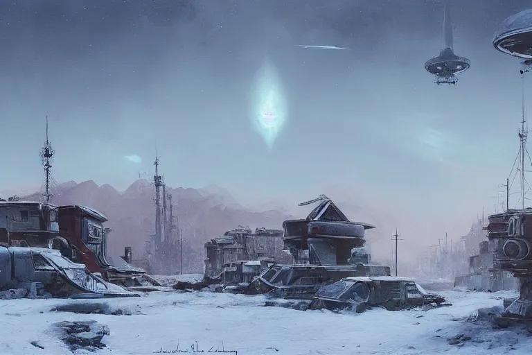 Image similar to a beautiful matte painting of a alien spaceship over the soviet village simon stalenhag and jakub rozalski and alan bean, trending on artstation, realistic rendering