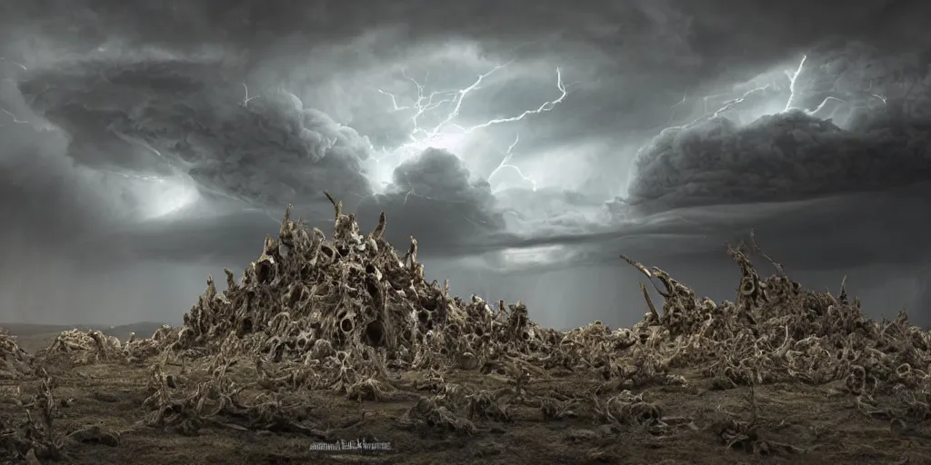 Image similar to photorealistic strange sculpture made of white bird skulls, by katrina van grouw and bruce mahalski. an epic landscape, with ominous storm clouds, a gentle rising mist. occult photorealism, uhd, amazing depth, glowing, golden ratio, 3 d octane cycle unreal engine 5, volumetric lighting, cinematic lighting, cgstation artstation concept art