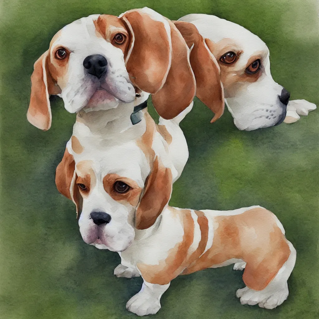 Image similar to water color painting of a white and caramel beagle dog in a backyard, harsh lighting, detailed, trending on artstation, dull pastel colors, bright, god rays, dreamy, trending on artstation