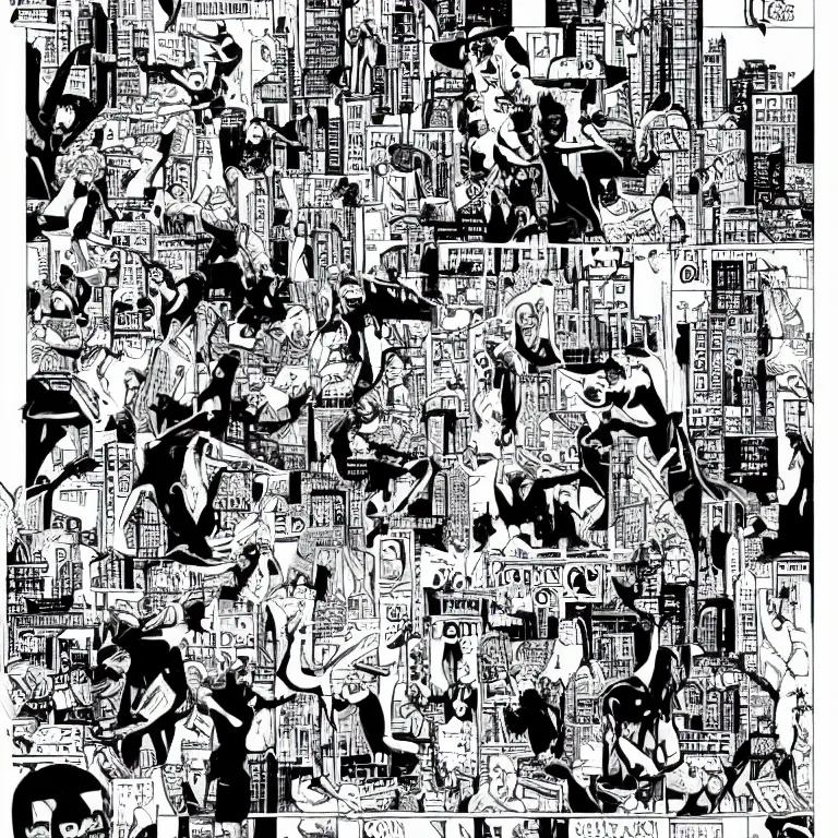 Image similar to we built this city on rock and roll, black and white comic art, lots of musical notes