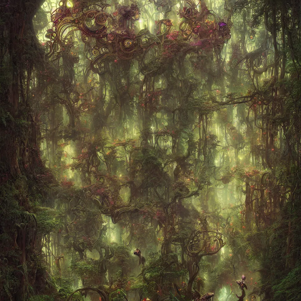 Image similar to a grinning trippy cat, center focused, matte painting, lush fairy forest, neon, concept art, schematics, gnarly details painted by tom bagshaw, norman rockwell, mucha, james gurney, high detail, denoised, sharp, architectural