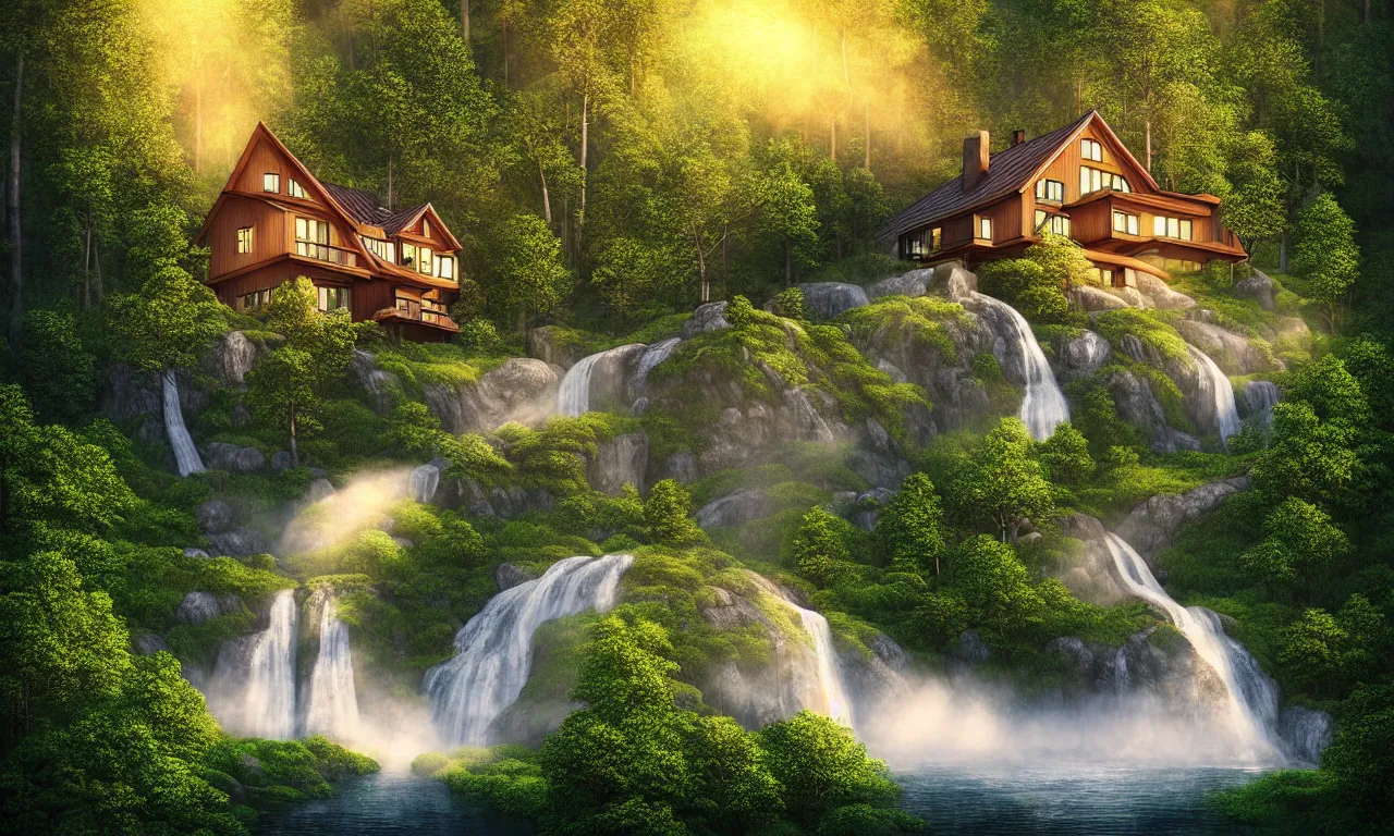 Image similar to scandinavian house in the forest on a hill, by artgerm, vector style, waterfall flows down from the mountain, vector art, fabulous, global illumination, warm lighting