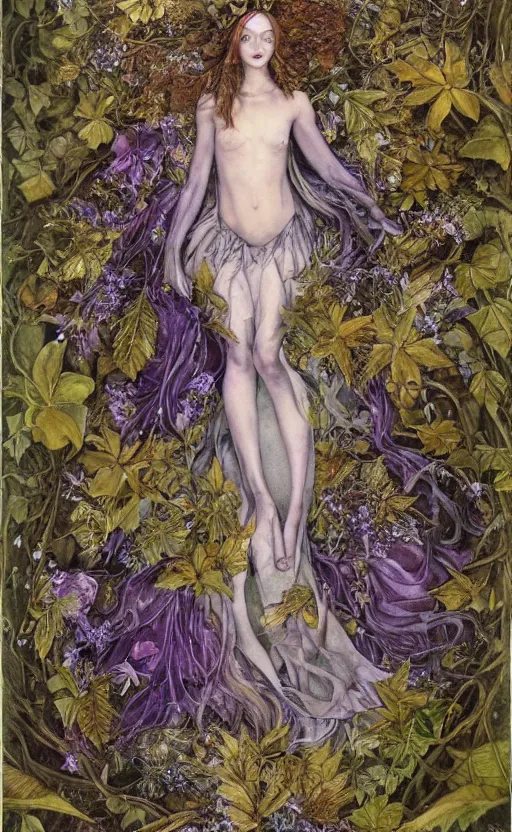 Image similar to fey queen of the summer forest, dress of leaves, fine features, thin, young, clothed, silver shimmering hair, by brian froud, stars, night colors, night, darkness, purple blue black, oil on canvas, oil panting