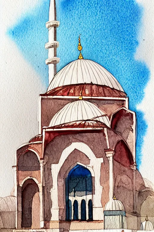 Prompt: a watercolor painting of a mosque in istanbul by fikret mualla saygı, behance, modern european ink painting, photoillustration, storybook illustration, watercolor