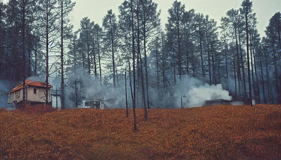 Prompt: 1 9 7 0 s movie still by andrei tarkovsky of a heavy burning french style little house in a small northern french village by night in autumn, pines forest, cinestill 8 0 0 t 3 5 mm, heavy grain, high quality, high detail, dramatic light, anamorphic, flares, by mini - dv camera