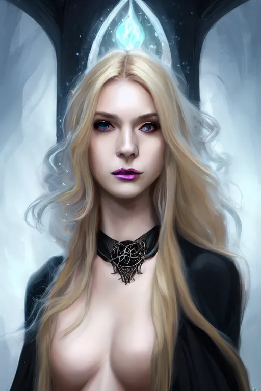 Image similar to portrait of a gorgeous female sorceress, looking at camera, D&D, choker on neck, stylish dark dress, arcane symbols, very long flowing blond hair, intricate, elegant, stylish, cute slightly nerdy smile, mouth slightly open, fantasy, extremely detailed, digital painting, artstation, concept art, smooth, sharp focus, illustration, stunning lighting, art by artgerm and greg rutkowski and alphonse mucha and simon stalenhag