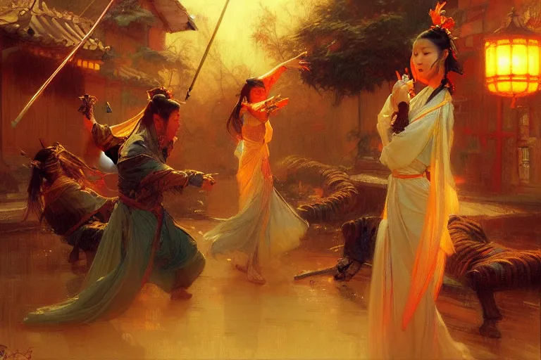 Image similar to wuxia, autumn, neon light, painting by gaston bussiere, craig mullins, j. c. leyendecker