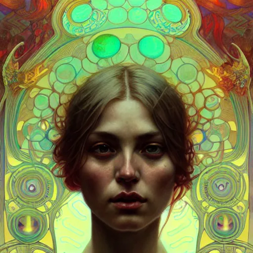 Image similar to An extremely psychedelic portrait, surreal, LSD, face, detailed, intricate, elegant, lithe, highly detailed, digital painting, artstation, concept art, smooth, sharp focus, illustration, art by Krenz Cushart and Artem Demura and alphonse mucha