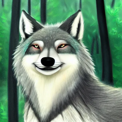 Image similar to Beautiful portrait digital painting of an anthro anthropomorphic minty wolf at a forest day time.