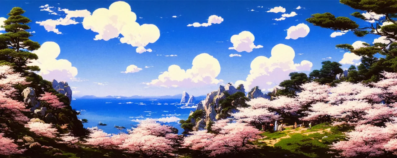 Prompt: ghibli illustrated background of a strikingly beautiful blue sky with puffy white clouds over a flowery rocky grassy field with cherry blossom by eugene von guerard, ivan shishkin, john singer sargent, 4 k