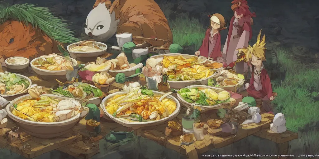 Image similar to A feast for the Gon, very detailed, anime, Delicious, Plump, Juicy, Hot Food, large white border, hd, 8k, Unreal Engine 5, high resolution print :1 by Hayao Miyazaki, Nausicaa, studio Ghibli style, Anime wallpaper, cell shading, trending on deviant art :1