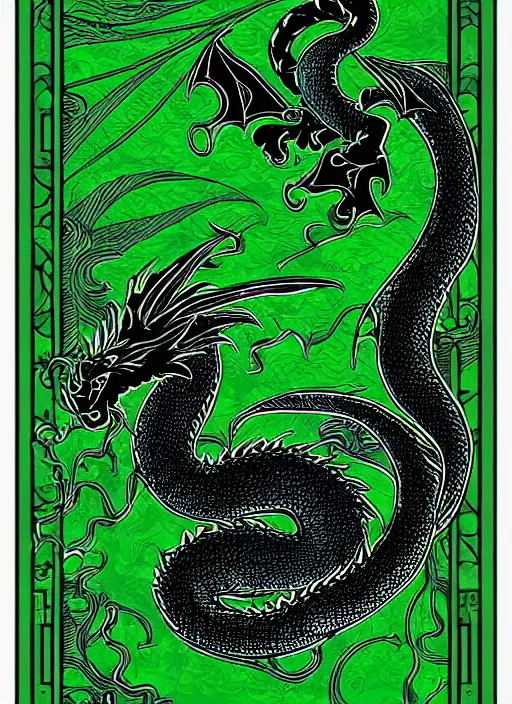Image similar to tarot card of a dragon, meaning confidence and riches in the future, modern design, digital art, stylish, black and green, sharp inks