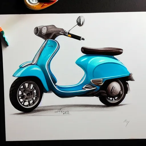 Image similar to hyper realistic pencil drawing of a turquoise vespa moped, water color, detailed, rim light, diffused, intricate, by anna dittmann,