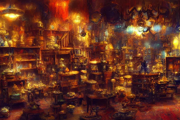 Image similar to the interior of a mystical antique shop with strange artifacts, painted by craig mullins and paul lehr, beautiful light,