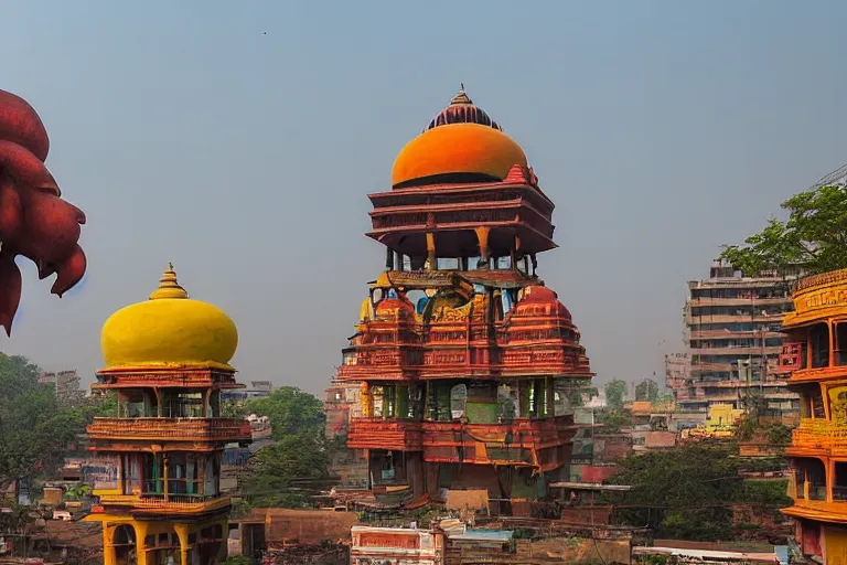 Image similar to beautiful dreamy! biomorphic new delhi, hanuman!! head building, kalighat flowers, octane sharp cinematic, stephen shore & john j. park, soft morning light, wide shot, aerial shot, uhd 8 k, shallow depth of field