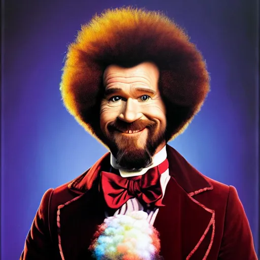 Prompt: portrait of bob ross as willie wonka in willie wonka and the chocolate factory : willie wonka, film still, detailed realism face in painting, detailed beautiful portrait, oil painting masterpiece, 8 k resolution, smooth, sharp focus, trending on artstation, by rembrandt