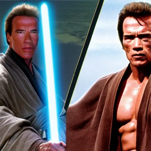 Prompt: Arnold Schwarzenegger as a jedi