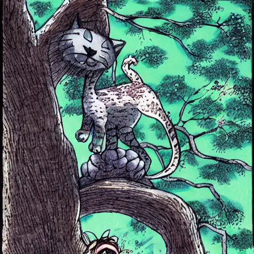 Prompt: giant kitten eating a tree art by yoshihiro togashi