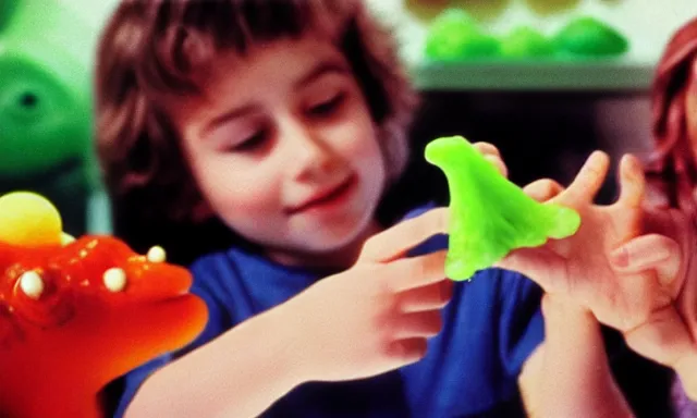 Image similar to kid playing with slime monster, realistic, detailed faces, toy commercial photo, highly detailed, photo from the 80s