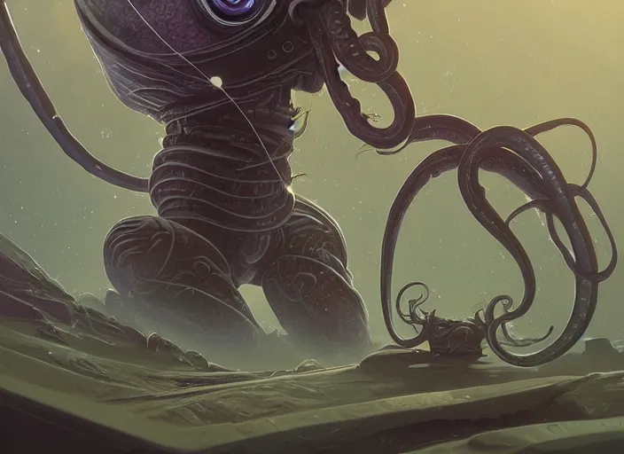Prompt: cephalopod alien with long powerful tentacles and a single large eye wearing a custom space suit, highly detailed, digital painting, artstation, concept art, matte, sharp focus, illustration, dramatic, galactic plane, hearthstone, art by artgerm and greg rutkowski and alphonse mucha