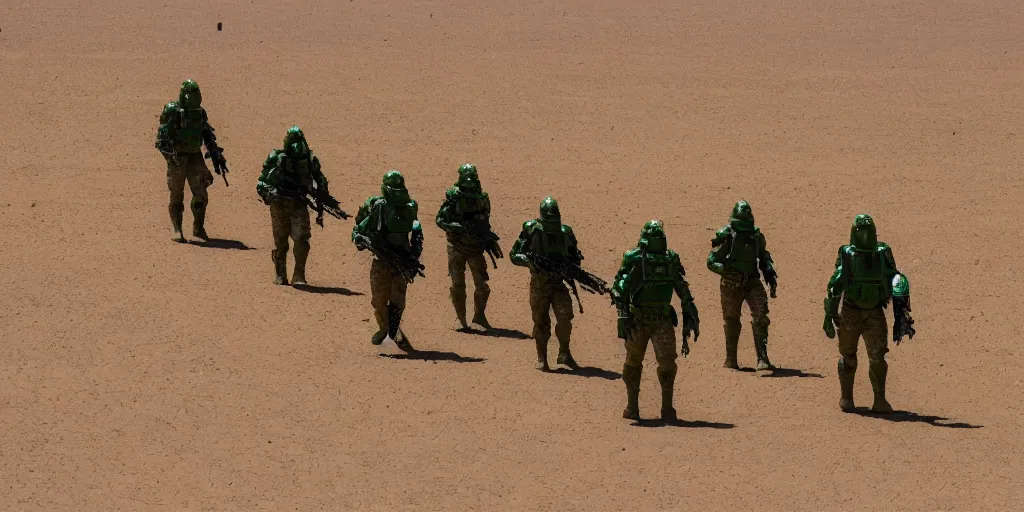 Prompt: a group of five soldiers in green sci fi armor on a rescue mission like the film stargate walk through a sandy desert with distant red mesas. ahead of them is an alien temple. dust blows across the frame. 200mm lens, mid day, heat shimmering.