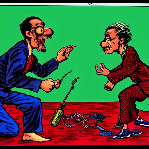 Image similar to The Artwork of R. Crumb and his Cheap Suit A Kung Fu Ninja tells you to have more relations, pencil and colored marker artwork, trailer-trash lifestyle