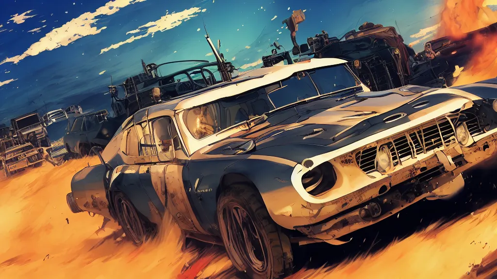 Prompt: anime illustration of mad max's fj 4 0 pursuit special, the last v 8 interceptor driving down to the gates of valhalla highway, riding fury road eternal shiny and chrome, world of fire and blood, by makoto shinkai, ilya kuvshinov, lois van baarle, rossdraws, basquiat, global illumination ray tracing hdr