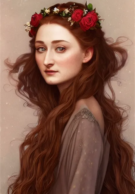 Image similar to portrait of sansa stark with roses in her long hair, intricate, elegant, highly detailed, digital painting, artstation, concept art, smooth, sharp focus, illustration, art by artgerm and greg rutkowski and alphonse mucha and william - adolphe bouguereau