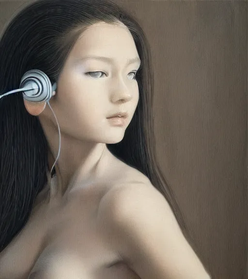 Image similar to young girl wearing headphone listening to amplifier realistic unreal details trending on deviantart artstation drawing painting portrait giger sorayama ito junji frank Miller style