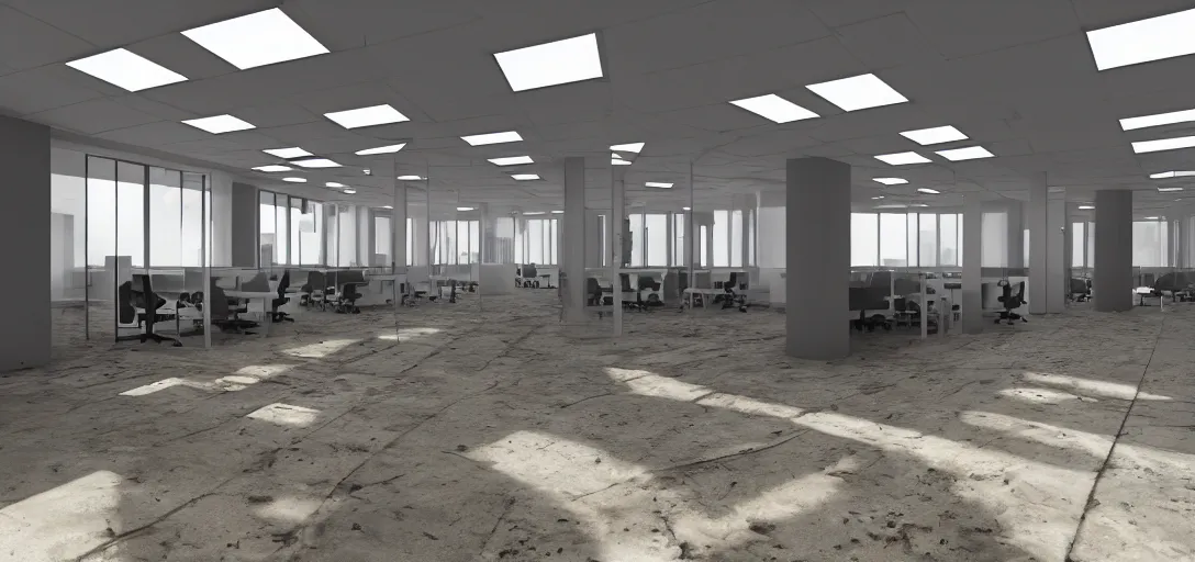 Prompt: photo of abandoned office daytime, bright, 8 k photorealistic, hd, high details, trending on artstation