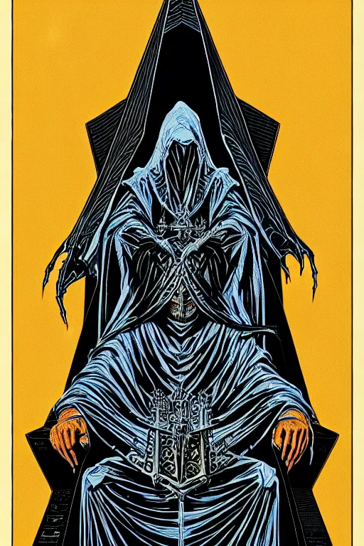 Image similar to cloaked wizard sitting in a throne, high details, intricately detailed, by vincent di fate, inking, 3 color screen print, masterpiece, trending on artstation,, sharp, details, hyper - detailed, hd, 4 k, 8 k