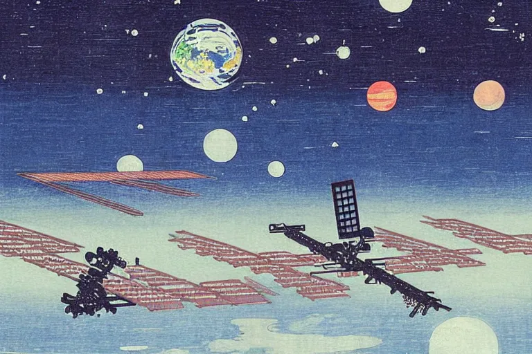 Prompt: international space station, with earth and stars in background ， by hiroshige utakawa