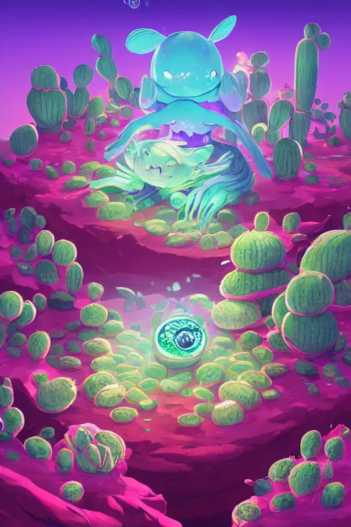 Image similar to roots cactus sushi cristal smurf ghost creature animal sushi cristal very big eye roots cactus elemental flush of force nature micro world fluo fishscale, behance hd by jesper ejsing, by rhads, makoto shinkai and lois van baarle, ilya kuvshinov, rossdraws radiating a glowing aura global illumination ray tracing hdr