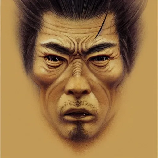 Image similar to head and shoulders portrait of a samurai, d & d, fantasy, greg rutkowski, frank frazetta, alexandre chaudret, boris vallejo, michael whelan, miro petrov, hr giger, magali villeneuve, donato giancola