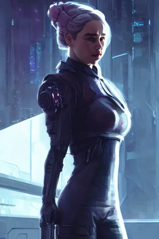 Image similar to Emilia Clarke in a Cyberpunk Outfit, anatomy, only two hands, highly detailed, digital painting, artstation, concept art, smooth, sharp focus, illustration, Unreal Engine 5, 8K, art by art by artgerm and greg rutkowski and edgar maxence