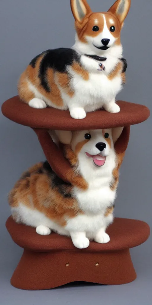 Image similar to corgi weaing saddle, cat at the top, realistic photo