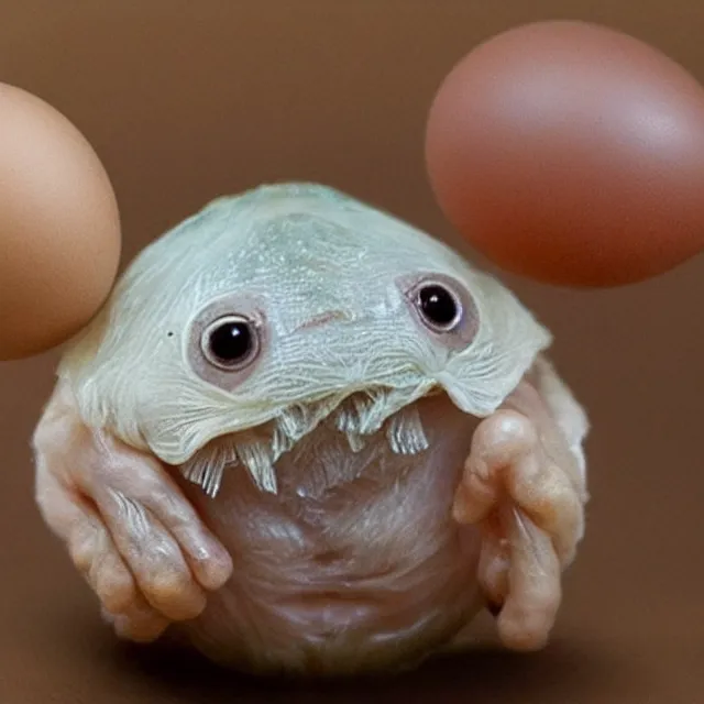 Prompt: a very cute tiny baby tardigrade with huge eyes emerging from a chicken - egg as he breaks through the shell and peaks out for the first time, awww it's a perfect baby tardigrade, how cute?