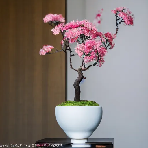 Image similar to a photo of 8k Ikebana in flower vase, ikenobo, ohararyu, sougetsu, wide angle, full body, sony a7r3, ultra detail, photorealistic, in simple background