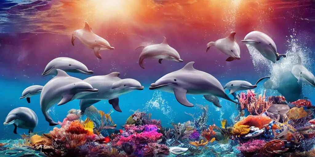 Image similar to sirens of the sea with other dolphins and sea creatures in their underwater kingdom, ultrarealistic, 4 k