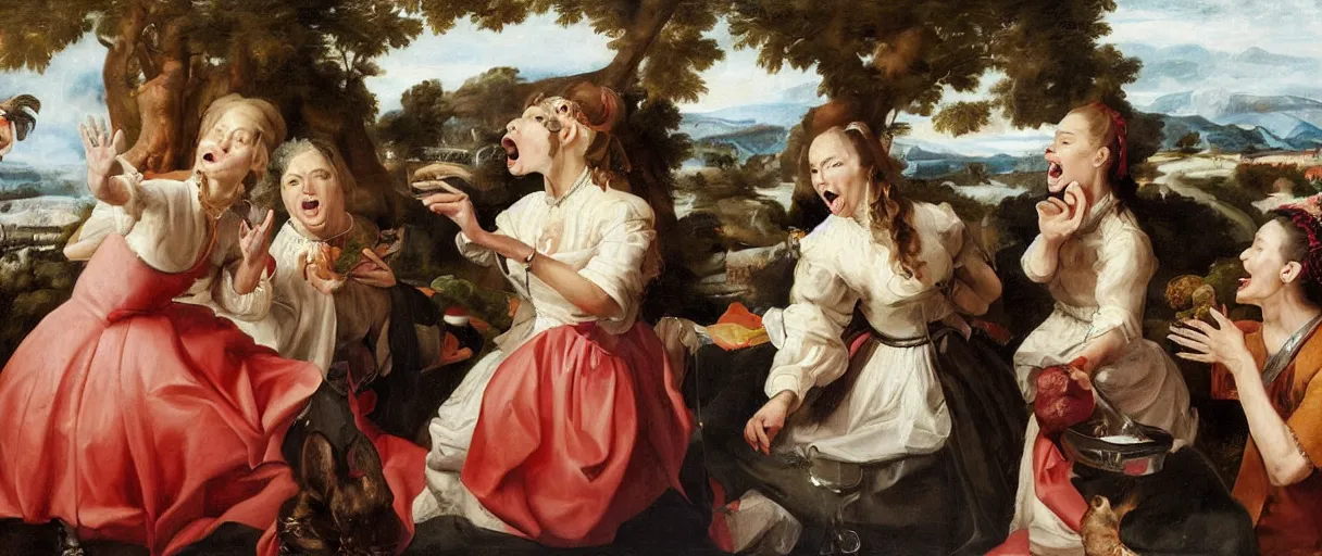 Prompt: painting portrait of ( ( ( two women yelling at cat meme ) ) ). taylor armstrong and kyle richards. crazy blonde woman sideview pointing and yelling at white cat that is eating vegetables from plate. accidental renaissance by diego velasquez, young woman, high resolution, very detailed art