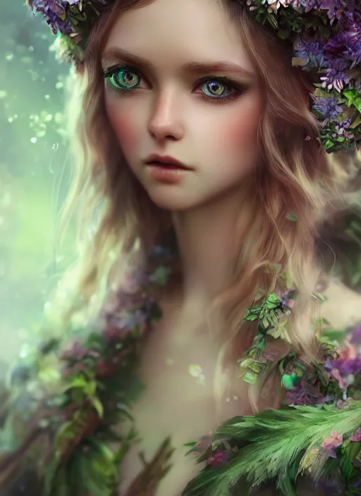 Prompt: portrait of a gorgeous fairy princess of the forest, detailed perfect blue eyes, highly detailed iridescent floral pattern skin, ultra realistic, cinematic lighting, depth of field, artstation, NeoArtCorE