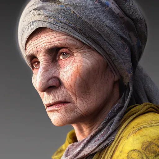 Image similar to hyperrealistic mixed media high resolution image of a Kurdish grandmother, stunning 3d render inspired art by István Sándorfi and Greg Rutkowski and Unreal Engine, perfect symmetry, dim volumetric lighting, 8k octane beautifully detailed render, post-processing, extremely hyper-detailed, intricate, epic composition, highly detailed attributes, highly detailed atmosphere, full body shot, cinematic lighting, masterpiece, trending on artstation, very very detailed, masterpiece, stunning, flawless structure, lifelike texture, perfection,